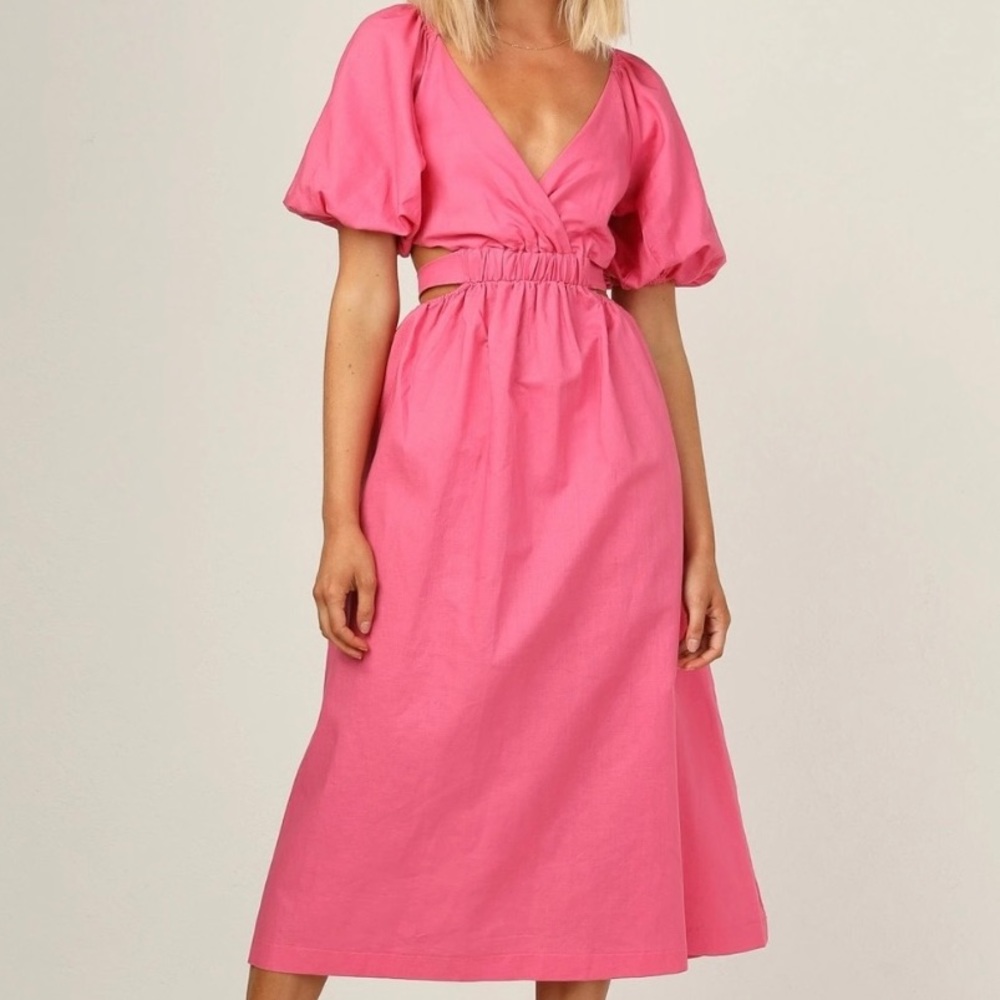 NWT Runaway Scout Lula Dress | Hot Pink Midi Puff Sleeve Linen